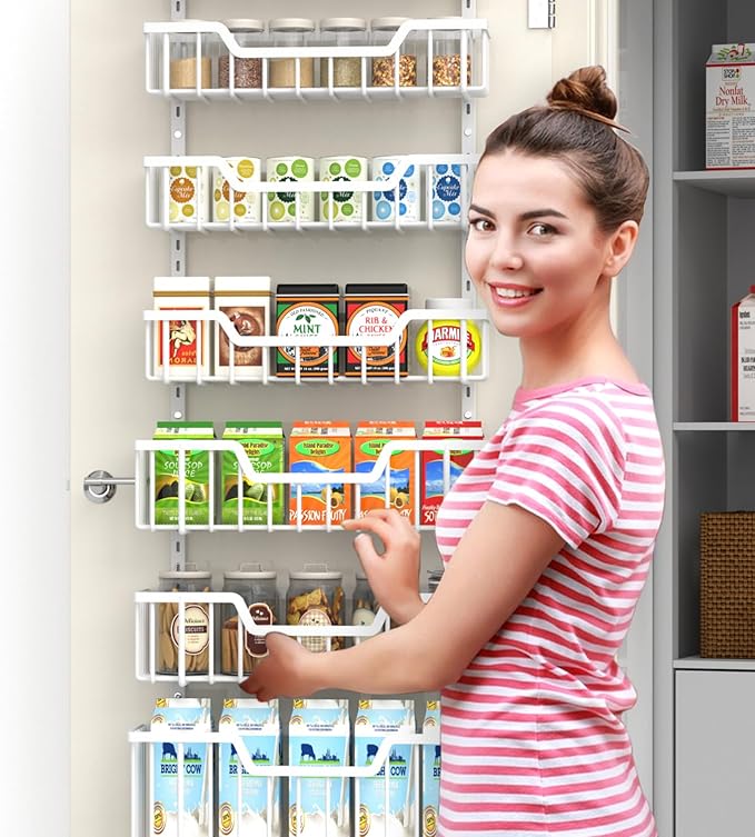 Over The Door Pantry Organizer, 8-Tier Pantry Door Organizer Shelves | 3 Sizes | Adjustable Basket | Metal Hanging Spice Rack for Kitchen, Pantry, Cabinet, Back of Door Seasoning Rack, White-Ruum Studio Home