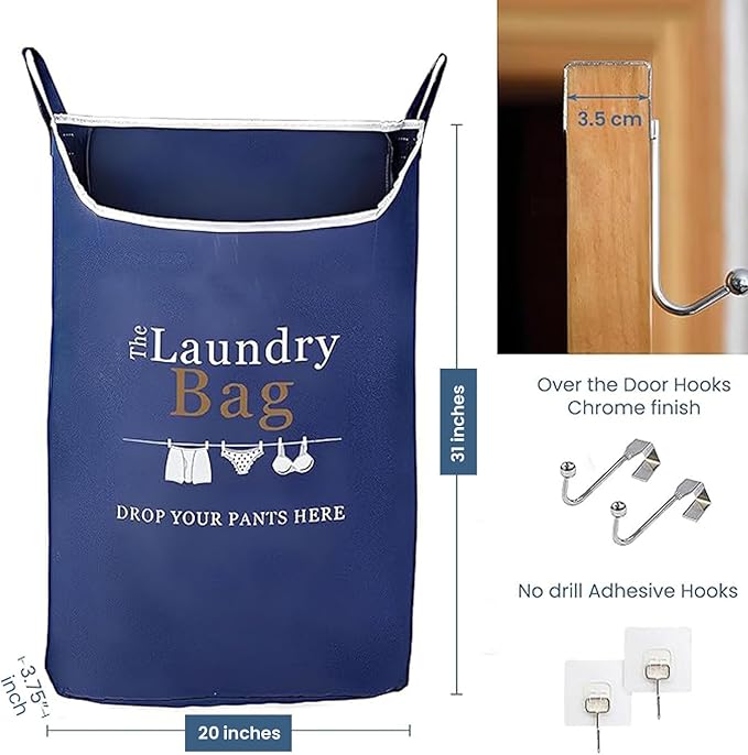 Fine Living Co. Large Hanging Laundry Hamper with Over Door Hooks & Adhesive, Durable Space Saving Laundry Bag with Zipper and Wide Open Top, Hanging Dorm Laundry Hamper (Navy Blue with Print-XL)-Ruum Studio Home
