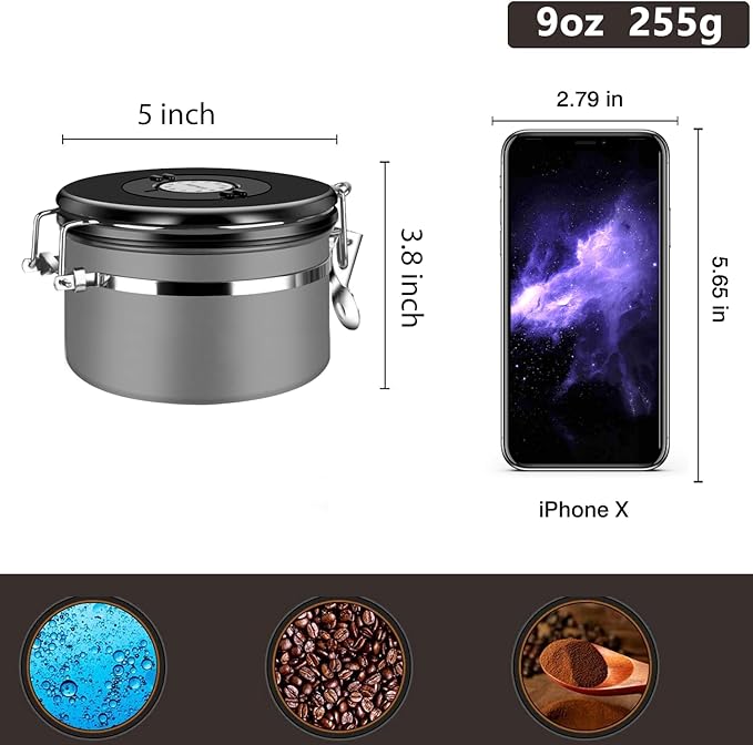 malmo Coffee Canister, Airtight Coffee Container with Date Tracker Lid, Stainless Steel Canister for Kitchen Food Storage (Gary, 9oz)-Ruum Studio Home