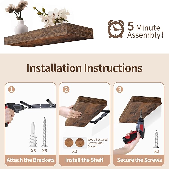 LaVie Home Floating Shelves, 36 Inch Wall Shelf Set of 2, Hanging Shelf with Invisible Brackets, Wall Decor for Bathroom, Bedroom, Living Room, Kitchen Storage, Rustic Brown-Ruum Studio Home