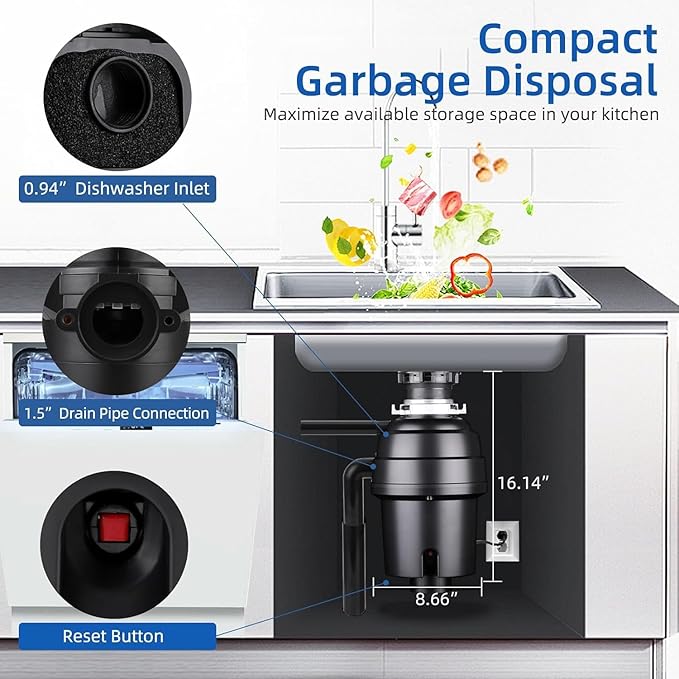 Powerful 1HP Stainless Steel Garbage Disposer, Dishwasher-Friendly and Continuous Feeding Waste Disposer, Grinding Material Four-Stage Grinding, Black-Ruum Studio Home