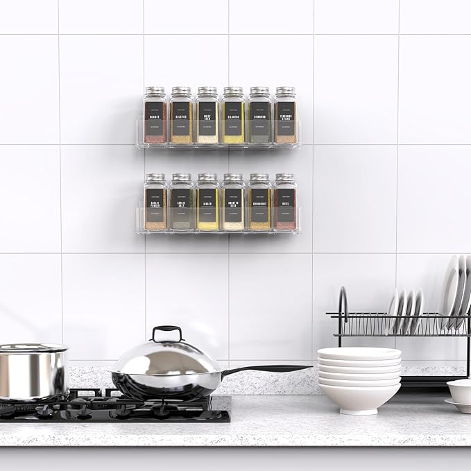 PMMASTO Adhesive Acrylic Spice Rack Organizer with 12 Empty Square Spice Jars, 238 Spice Labels with Chalk Marker and Funnel Complete Set for Kitchen Cabinet/Pantry Door (Clear - 2 Pack)-Ruum Studio Home