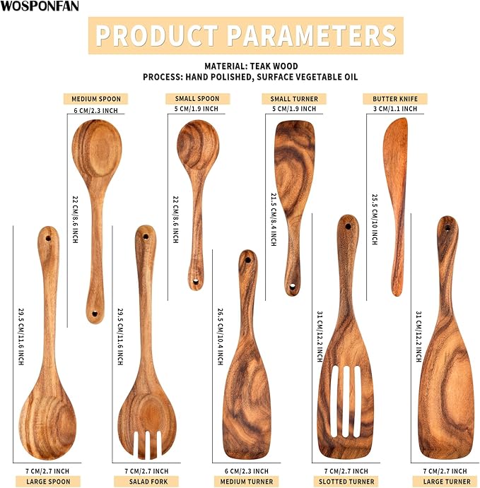 Wooden Cooking Utensils Set, 9 PCS Teak Wood Spoons, Spatula, Slotted Spoon, Handmade Modern Kitchen Utensils-Ruum Studio Home