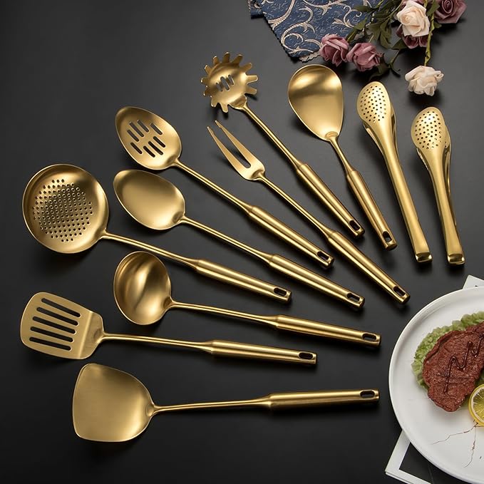 304 Stainlss Steel Matte Kitchen Utensils Set, 11 Pcs Long Metal Cooking Utensil Gadgets Tools Set with Spatula, Spoon, Ladle, Skimmer, Tunner, Pasta Server, Tongs(Gold, Dishwasher Safe)-Ruum Studio Home