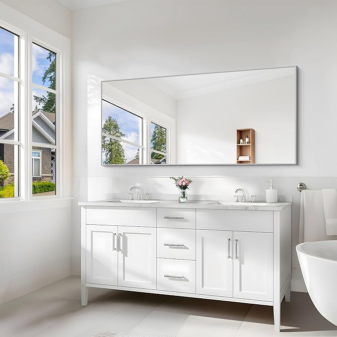 Silver Bathroom Mirror for Wall, 30x60 Inch Rectangle Mirrors with Metal Frame, Modern Vanity Large Wall Mirror for Bathroom Living Room, Entryway Hangs Horizontal or Vertical-Ruum Studio Home
