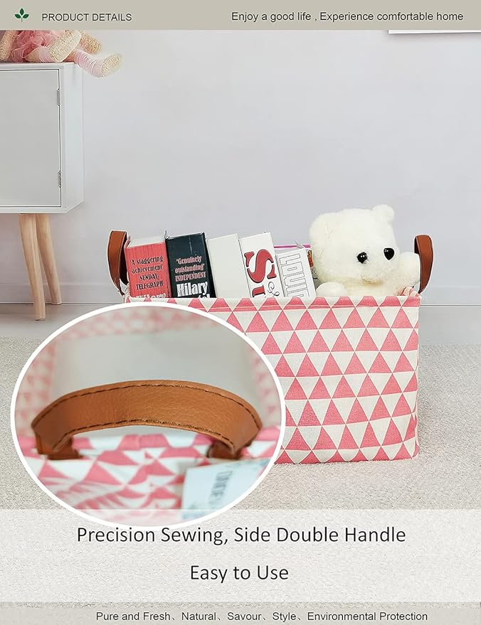 Rectangular Fabric Storage Box, Decorative Basket and Finishing Basket with Handle are Used for The Storage of Clothes, Books and Sundries(Pink Triangle) 1-Ruum Studio Home