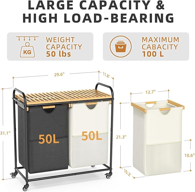 Laundry Hampers 2 Section, Laundry Sorter with Removable Shelf and Pull-Out Bags, Clothes Hampers with Wheels Rolling Cart Basket for Laundry Room Bathroom, 2 x 50 L (Black White)-Ruum Studio Home