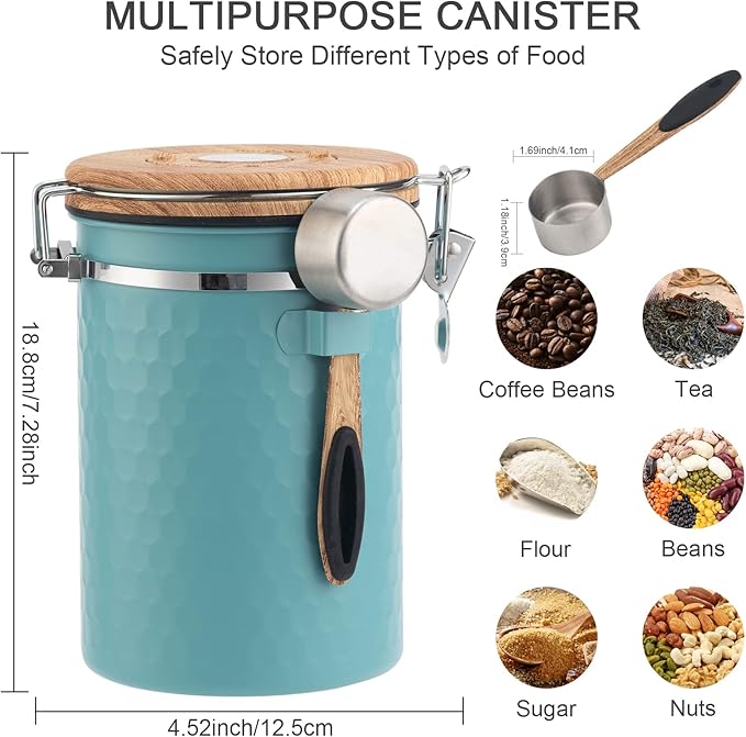 TEDSWAIT Coffee Canisters Airtight Coffee Bean Storage Container Kitchen Stainless Steel Food Storage Container with Scoop Date Tracker & CO2 Valve 61Fl Oz (Lake Blue)-Ruum Studio Home