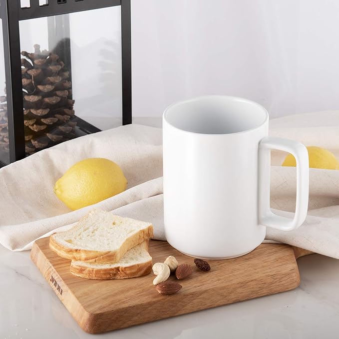 E-liu Porcelain Tea Mugs Coffee Mug Set, Large 15 Ounces Cups for Coffee, Tea, Cocoa, and Mulled Drinks, Set of 6, White-Ruum Studio Home