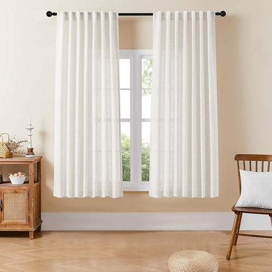 Joydeco Linen Curtains for Bedroom 63 Inch Length 2 Panels Set,37 Inch Wide Light Filtering Curtains for Living Room, Off-White Curtains with Back Tab & Rod Pockets (37x63 inch, Off-White)-Ruum Studio Home