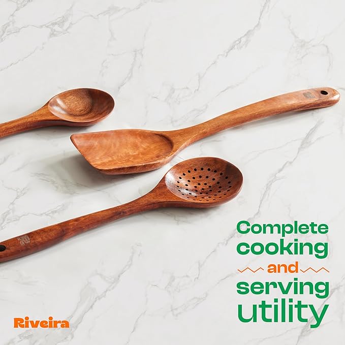Riveira Set of 3 Dark Teak Spoons for Cooking - Wooden Kitchen Utensil Set - Non-Toxic Cooking Utensils - Wooden Spatula for Cooking - Teak Wood Utensils for Non-Stick Cookware-Ruum Studio Home