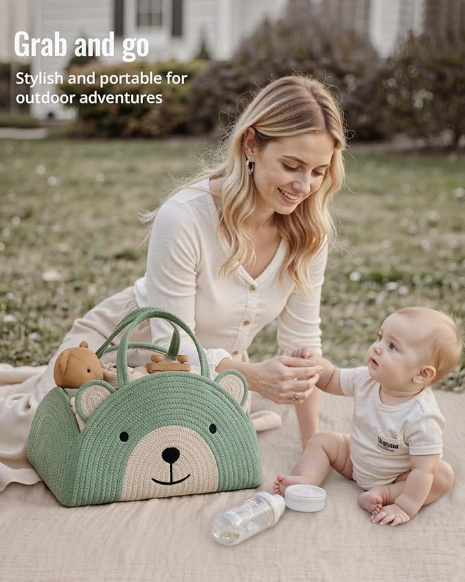 Blissful Diary Baby Diaper Caddy Organizer, Cotton Rope Diaper Caddy Basket, Large Storage Basket, Gift for Baby Shower, Newborn Essentials, Bear Roman Green-Ruum Studio Home