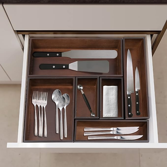 Bamboo Drawer Organizer - Kitchen Utensil Organizer Silverware Tray Cutlery Holder,Office Desk Supplies and Accessories,12 * 5.9 * 2.6,Nut-brown-Ruum Studio Home