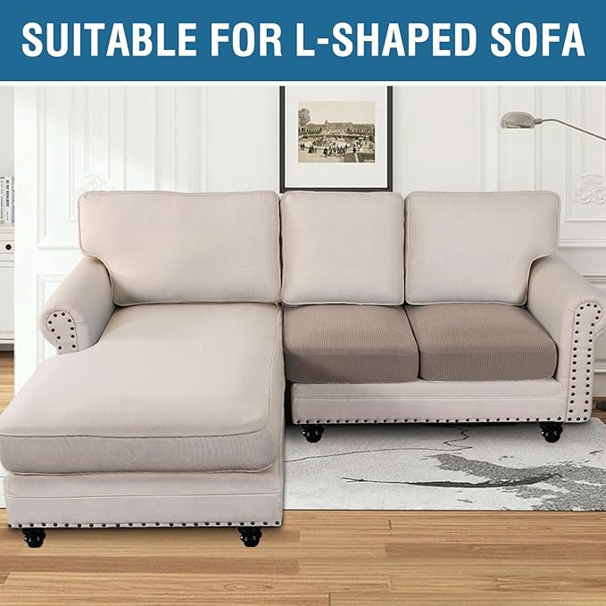 H.VERSAILTEX Super Stretch Individual Seat Cushion Covers Sofa Covers Couch Cushion Covers Slipcover Sets Thick Jacquard Textured Twill Fabric (2 Piece Medium Sofa Cushion Covers, Sand)-Ruum Studio Home