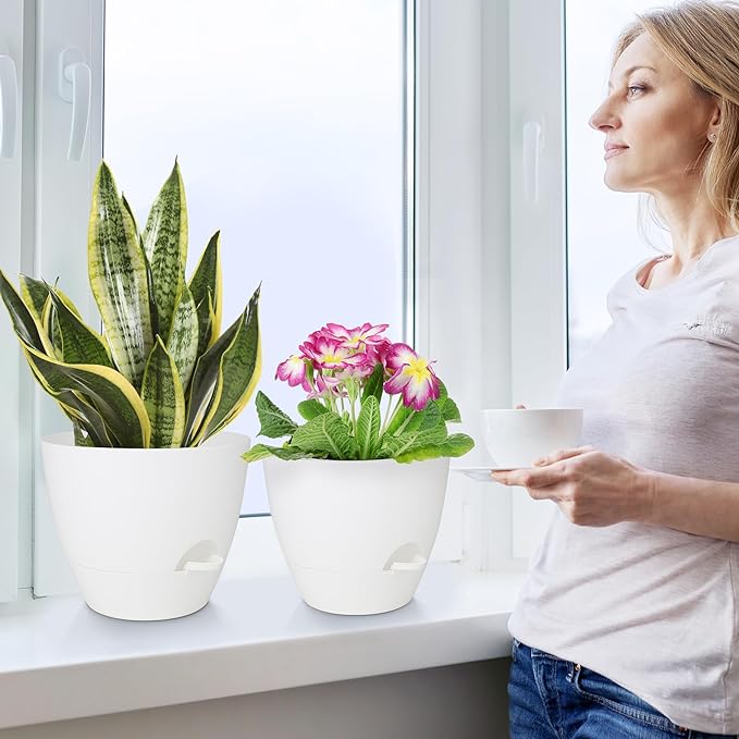 Plant Pots 10/9/8/7.5/7 Inch Self Watering Pots, Set of 5 Plastic Planters with Drainage Holes and Saucers,Plastic Flower Pots,Nursery Planting Pot for Indoor Out Door Plants(Pure White)-Ruum Studio Home