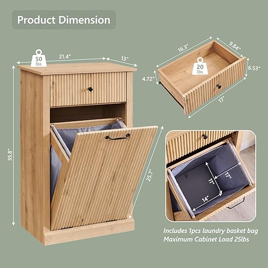 Modern Tilt-Out Trash Can Cabinet, 10 Gallon Fluted Laundry Hamper Cabinet with Drawers, Wooden Hidden Garbage Can Cabinet w/Storage Basket, Free Standing for Kitchen & Living Room,Natural Oak-Ruum Studio Home