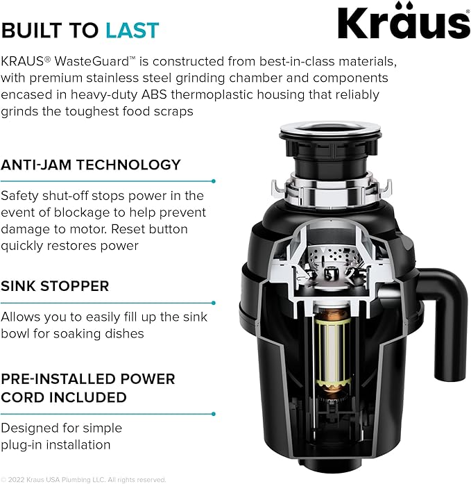 KRAUS WasteGuard 1 HP Ultra-Quiet Garbage Disposal with Quick Connect, Kitchen Sink Drain Cover, Power Cord and Flange Included, KWD100-100MBL-Ruum Studio Home