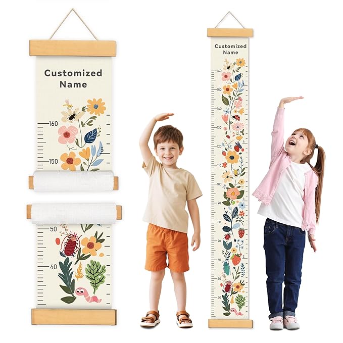 Personalized Name Growth Chart Wall Decor for Kids – Canvas Removable Height Chart Measuring Ruler 59" x 7.9" (Flowers)-Ruum Studio Home