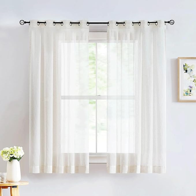 FMFUNCTEX Linen Sheer Curtains for Bedroom, Beige Curtains 63 Inch Length Short Light Filtering Draperies for Living Room, Natural Cream White Light Filtering Farmhouse Curtain Grommet Top 2 Panels-Ruum Studio Home
