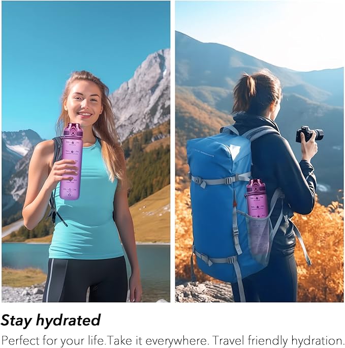 32oz Motivational Water Bottles with Time Marker & Fruit Strainer, Transparent Gradient Color Water Bottle with Times to Drink, Leakproof & BPA Free, Reusable Bottle with Strap (No Straw)-Ruum Studio Home