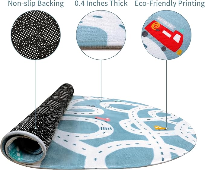 STARUIA Small Road Rug for Kids Room, 3'x5' Washable Kids Play Rug for Baby Nursery, Non-Slip Car Rugs for Playroom, Kid Play Mat Blue Traffic Carpet for Boys Girls Dorm Toy Room Tent-Ruum Studio Home