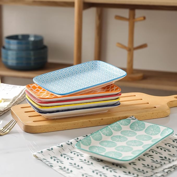 Selamica Ceramic Rectangular Salad Plates Set of 4, Small Serving Plates for Appetizers, Sushi, Fruit, Assorted Colors-Ruum Studio Home