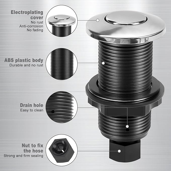 Garbage Disposal Air Switch Kit, Garbage Disposal Button, Sink Top Waste Disposer On/Off Switch, UL Listed Air Switch Compatible with All Garbage Disposals (Chrome Silver)-Ruum Studio Home