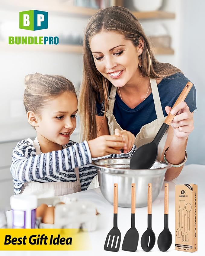 Pack of 4 Silicone Cooking Utensils Set, Non Stick Solid Spatulas and Heat Resistant Slotted Spoons with Wooden Handle, Ideal Wood Kitchen Utensils Set for Frying,Serving,Turning,Stirring (BLACK)-Ruum Studio Home