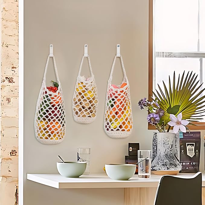 AARAINBOW Boho Wall Hanging Baskets for Kitchen Storage, Fruit Woven Wall Basket 9 Pcs, Hanging Vegetable and Onion Storage with 24 Hooks (White)-Ruum Studio Home