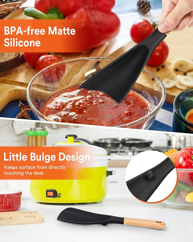 Cooking Spoon for Nonstick Cookwares, Great for Cooking and Serving Sturdy BPA-Free Matte Silicone, Wood Handle Spoon for Mixing, Scoop, and Scrape (2 Pack of Black, 11.4 inch)-Ruum Studio Home