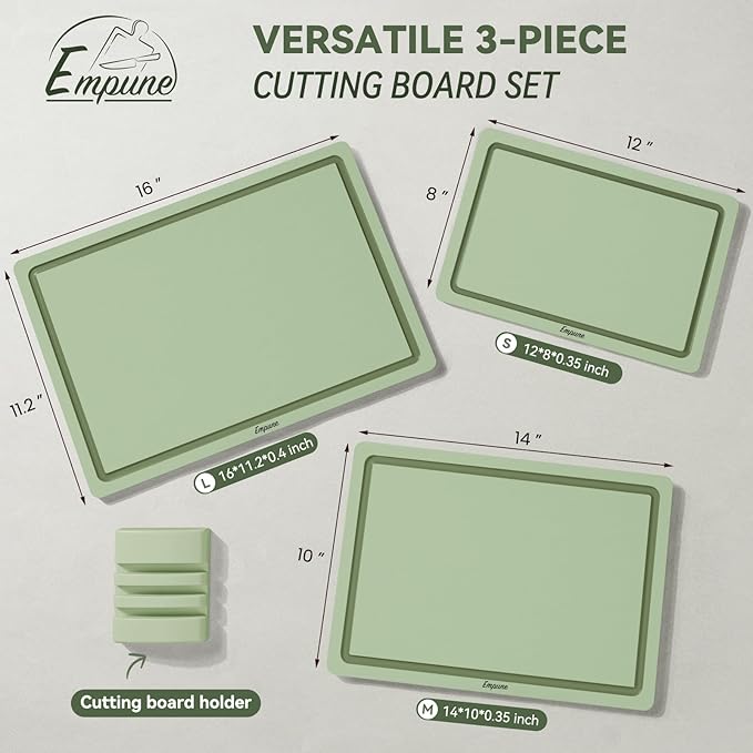 Empune Plastic Cutting Board Set, Recycled Plastic Cutting Boards for Kitchen (Set of 3), Dishwasher Safe Large Chopping Board with Holder, Non-slip Feet and Juice Grooves, Nonporous, Green-Ruum Studio Home