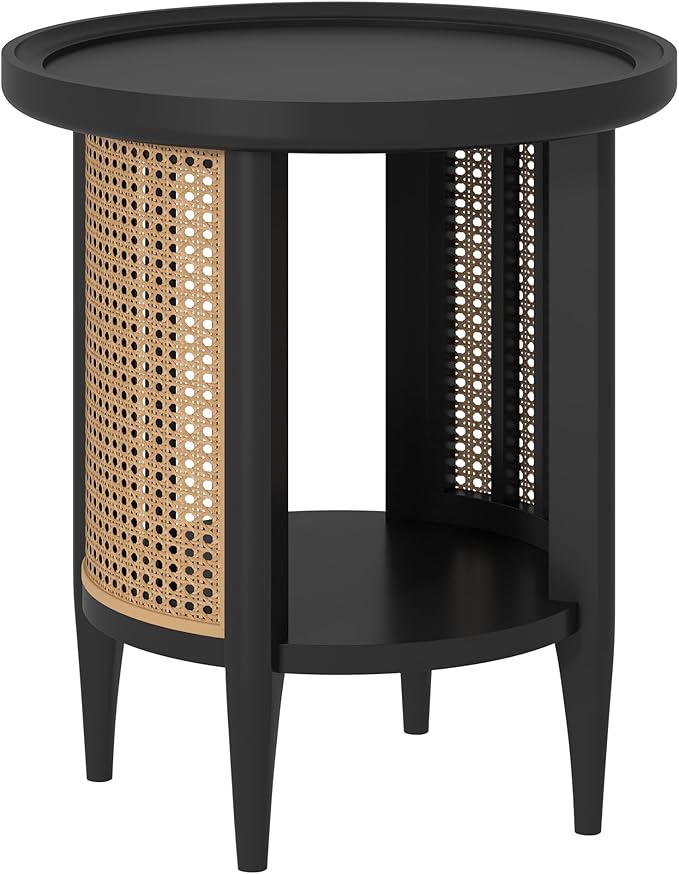 Yusong Round End Table Rattan Side Table with Solid Wood Legs, Boho Style Nightstand Bedside Table with 2-Tier Shelves, Small Coffee Table for Living Room Bedroom Small Spaces Black-Ruum Studio Home