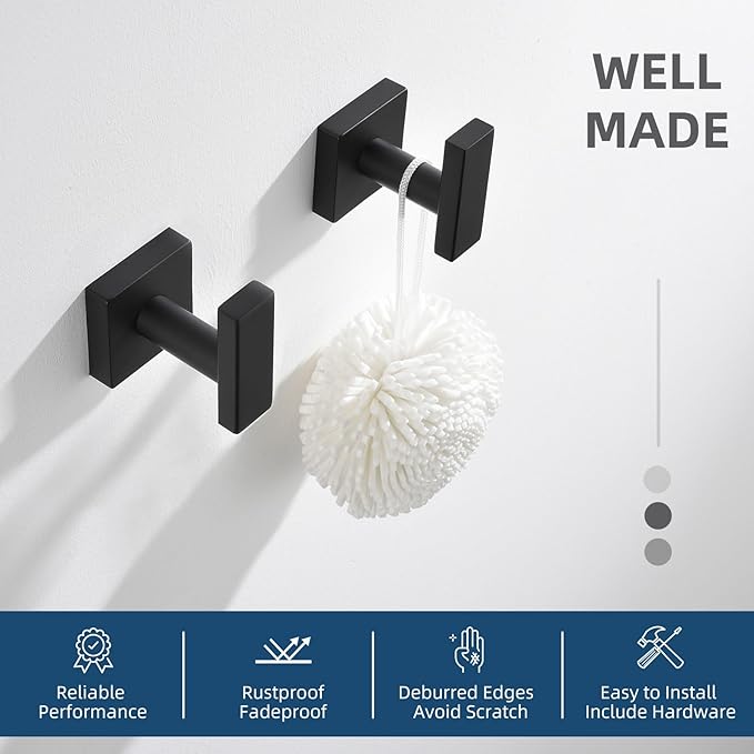Angle Simple Bathroom Towel Hooks, Stainless Steel Robe Coat Hooks for Wall, Matte Black, 2 Pack-Ruum Studio Home