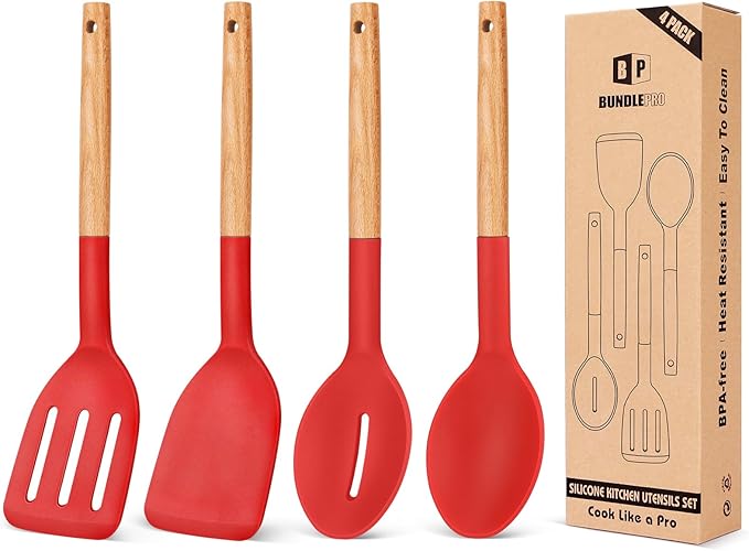 Pack of 4 Silicone Cooking Utensils Set, Non Stick Solid Spatulas and Heat Resistant Slotted Spoons with Wooden Handle, Ideal Wood Kitchen Utensils Set for Frying,Serving,Turning,Stirring (RED)-Ruum Studio Home