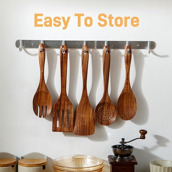 6 PCS Wooden Spoons for Cooking - Teak Wooden Cooking Utensils Set with Holder - Non-Stick, Soft Grip, Ergonomic Design - Natural Finish-Ruum Studio Home