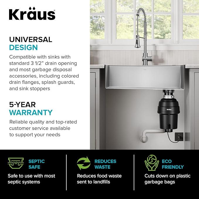 KRAUS WasteGuard 1 HP Ultra-Quiet Garbage Disposal with Quick Connect, Kitchen Sink Drain Cover, Power Cord and Flange Included, KWD100-100MBL-Ruum Studio Home
