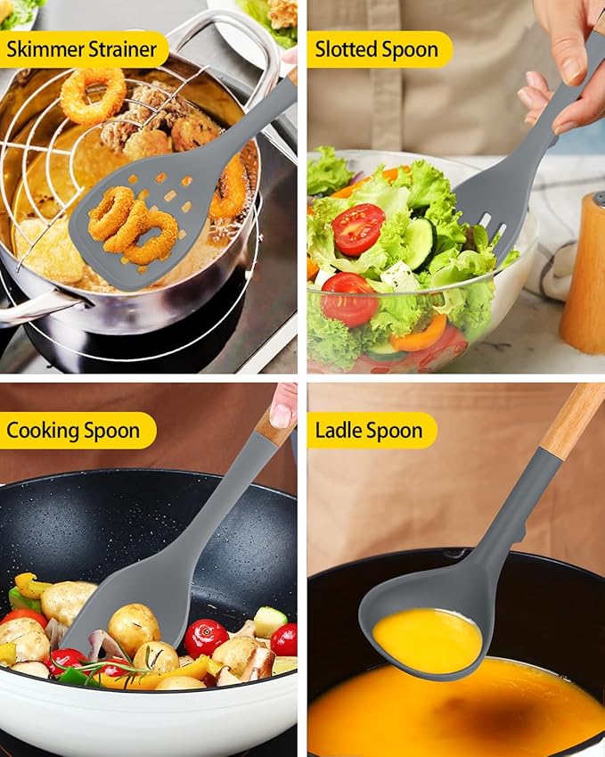 Silicone Kitchen Utensil Set for Non Stick Cookware, 7 Pcs Heat Resistant Cooking Utensils with Wooden Handle, BPA Free Kitchen Tools with Spatulas, Spoons, Skimmer and Pasta Fork (GRAY)-Ruum Studio Home
