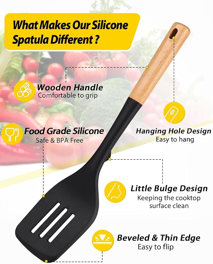 Pack of 2 Large Silicone Spatula, Heat Resistant Solid Turner, Non Stick Slotted Spatulas with Wooden Handle, Ideal Kitchen Utensils for Flipping, Pancakes, Eggs, Fish(BLACK)-Ruum Studio Home