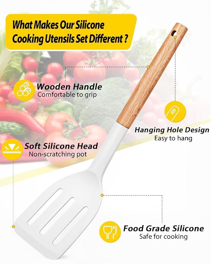 Pack of 4 Silicone Cooking Utensils Set, Non Stick Solid Spatulas and Heat Resistant Slotted Spoons with Wooden Handle, Ideal Wood Kitchen Utensils Set for Frying,Serving,Turning,Stirring (WHITE)-Ruum Studio Home