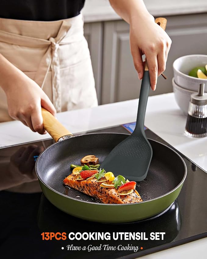Kitchen Utensils Set, 13PCS Silicone Cooking Utensils, Heat Resistant Kitchen Utensil Spatula Set for Nonstick Cookware, Wooden Handles Kitchen Gadgets Tools Set-Ruum Studio Home