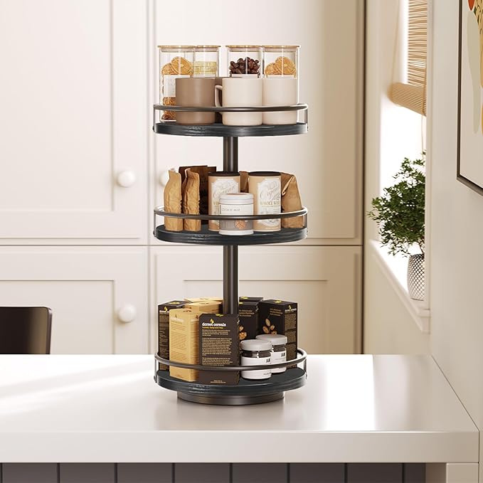 HOOBRO Lazy Susan Organizer, Rotating Spice Rack, 3-Tier Organizer, Turntable Spice Rack, Vertical Storage Organizer, for Kitchen Countertop, Vanity, Dining Table, Black BB09TL01-Ruum Studio Home