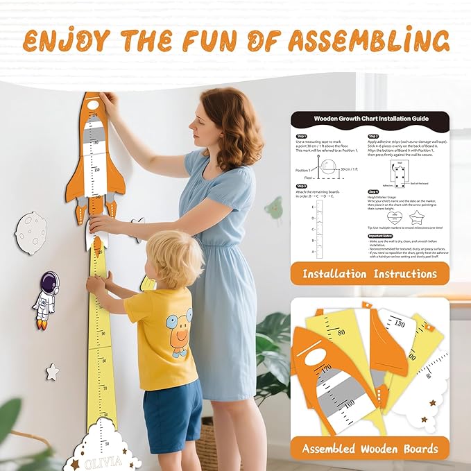 Personalized Name Height Chart for Kids, Cute Rocket Wooden Growth Chart for Kids, Wall Height Chart for Children, Cute Wall Ruler for Kids, Track Height Measurement, Easy to Install-Ruum Studio Home