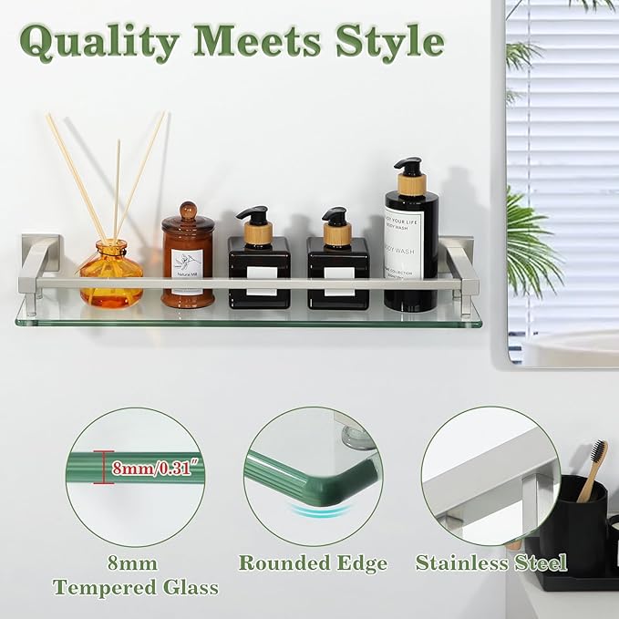 Alise Bathroom Shelves,Brushed Nickel Glass Shelf for Bathroom, Modern Floating Shelves,20 inch-Ruum Studio Home