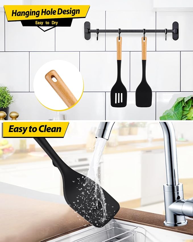 Pack of 2 Large Silicone Spatula, Heat Resistant Solid Turner, Non Stick Slotted Spatulas with Wooden Handle, Ideal Kitchen Utensils for Flipping, Pancakes, Eggs, Fish(BLACK)-Ruum Studio Home