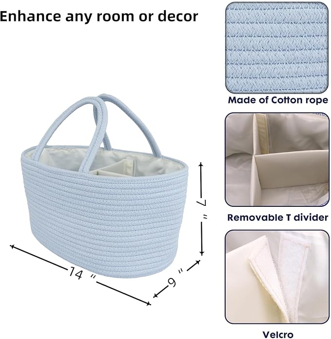 Diaper Caddy Organizer Cotton Rope Baby Basket Nursery Storage and Portable Tote Bag for Car Ideal Baby Shower Gifts and Registry Must-Have for Newborn Essentials blue-Ruum Studio Home