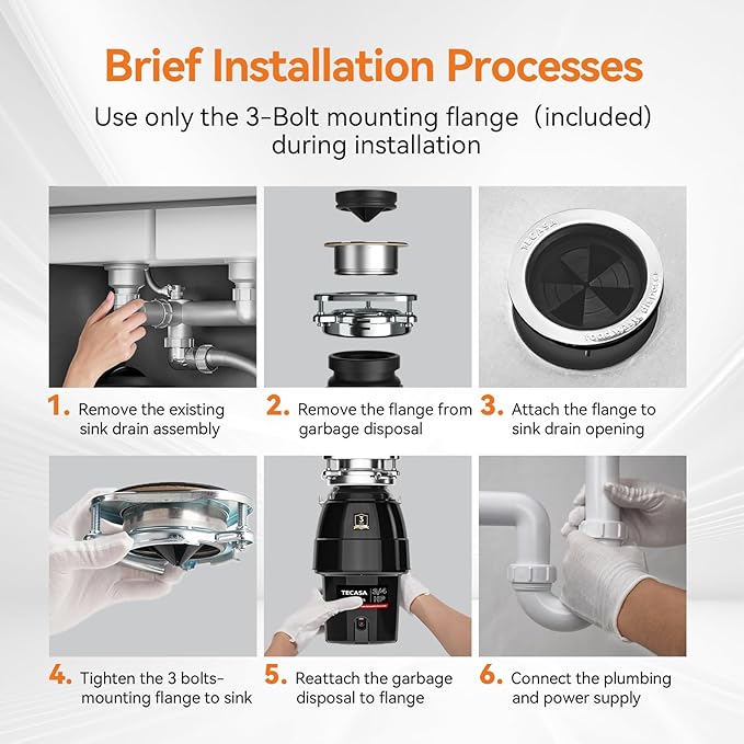 3/4 HP Garbage Disposal, TECASA Food Garbage Disposal with Power Cord, Stainless Steel Grinding System and 3-Bolt Mounting, Continuous Feed Garbage Disposals, Quiet, Taskmaid Series 75-Ruum Studio Home