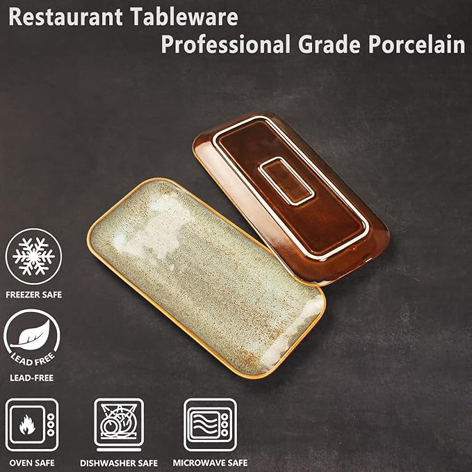 Ceramic Dinner Plates Dish Set, Set of 4, Microwave Oven and Dishwasher Safe,Scratch Resistant, Dinnerware Kitchen Porcelain Serving Dishes Brown glaze change, 12.4 Inch Rectangle plate-Ruum Studio Home