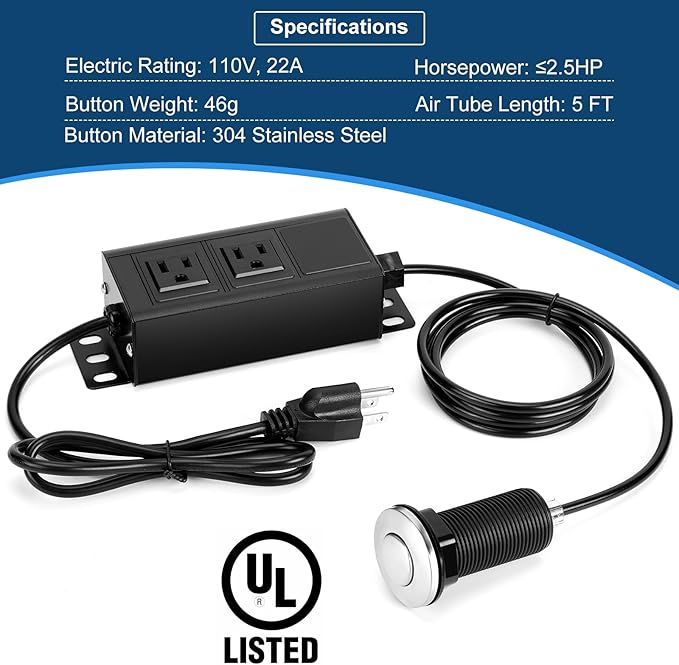 Dual Outlet Garbage Disposal Air Switch Kit, UL Listed Sink Top Air Switch for Food Waste Disposal, 3.58” Extra Long Air Button, Brushed Stainless Steel-Ruum Studio Home