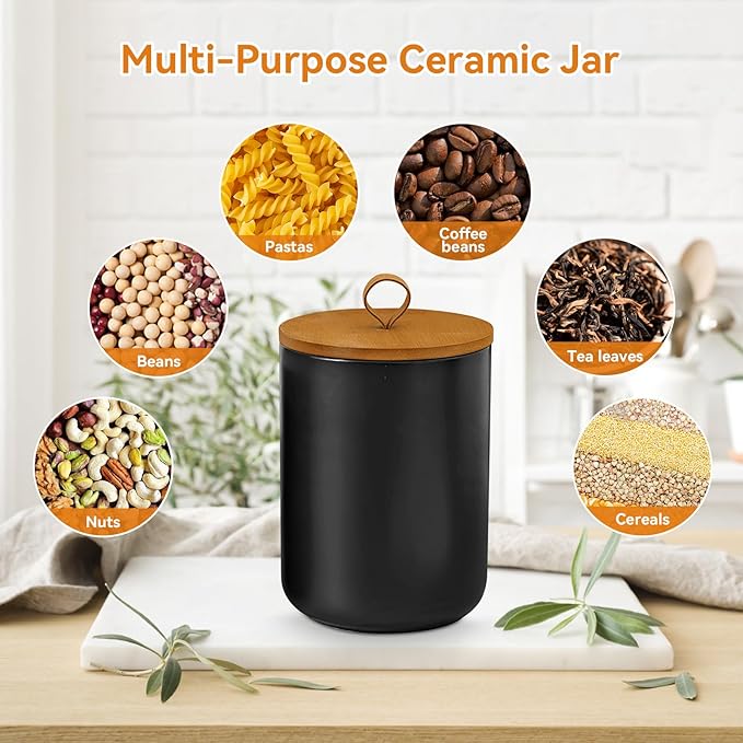 Canister Sets for Kitchen,Ceramic Kitchen Canisters for Countertop with Airtight Wood Lids for Serving Ground Coffee, Tea, Spice, Grains, Sugar, Salt (Black Pack of 3 (8.7/27/44 Oz))-Ruum Studio Home