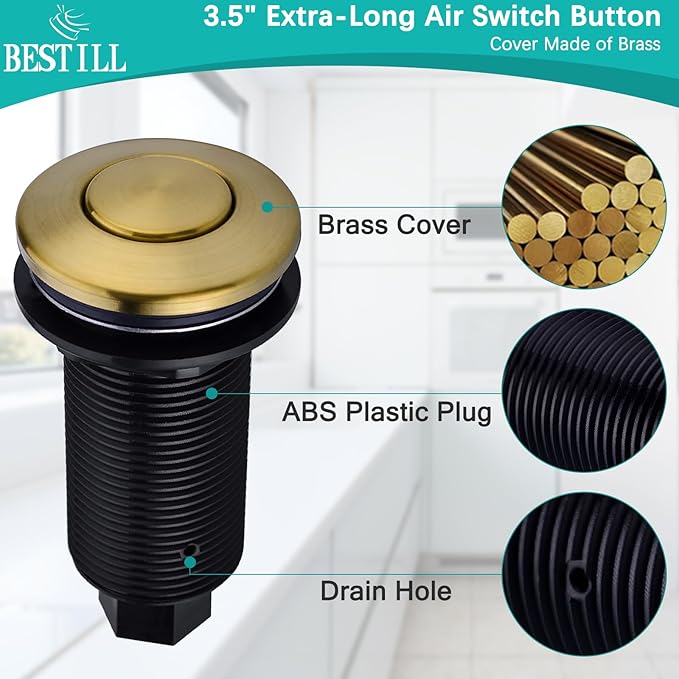 BESTILL Garbage Disposal Button, UL Listed, Cordless Sink Top Air Switch Kit for Waste Disposal, 3.6" Long Push Button with Brass Cover, Brushed Titanium Gold/Brushed Brass-Ruum Studio Home